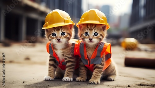 Two kittens wearing hard hats on a construction site.