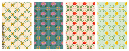 kitchen tile pattern set containing poppy, chinese rose and yellow marigold