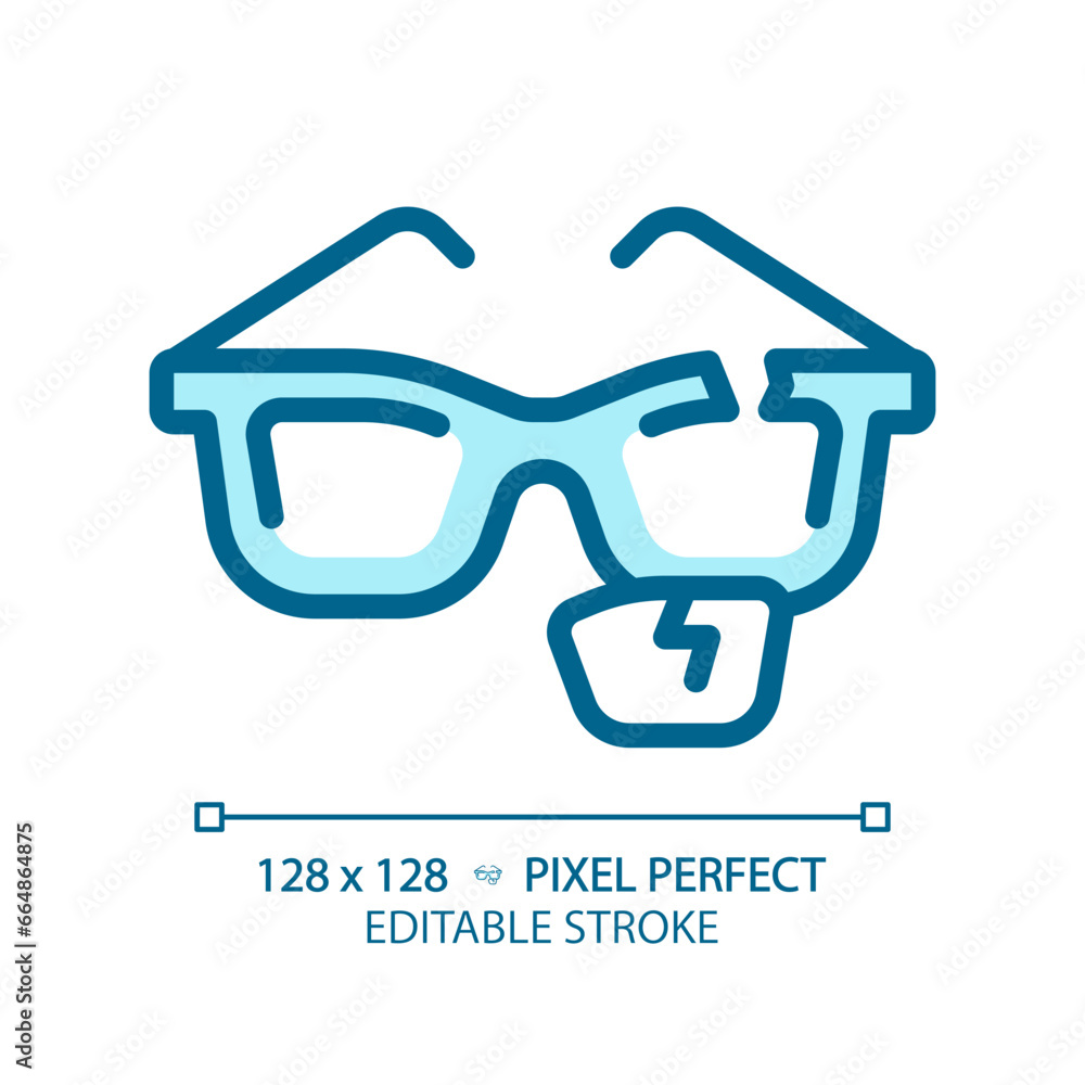 2D pixel perfect editable blue broken eyeglasses icon, isolated monochromatic vector, thin line illustration representing eye care. 2D pixel perfect editable blue broken eyeglasses icon, isolated monochromatic vector, thin line illustration representing eye care.