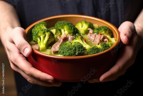 hand holding bowl of beef and broccoli soup