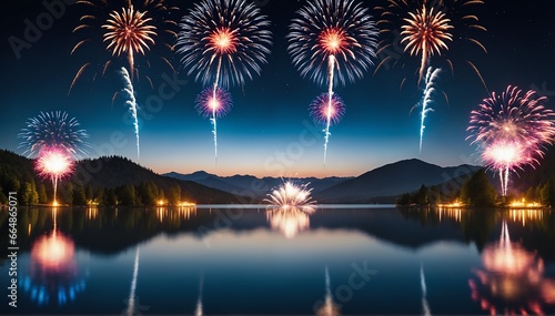 An explosion of vibrant fireworks lighting up the night sky over a serene lake