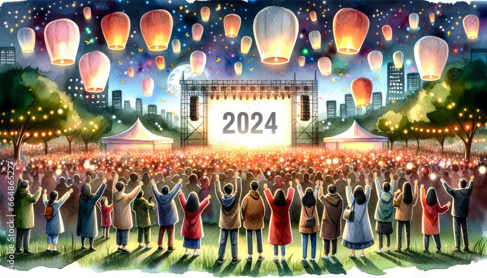 Naklejka premium Watercolor painting of a joyful crowd of diverse people celebrating the New Year 2024 in a park, with lanterns floating in the sky and a countdown projection on a large screen