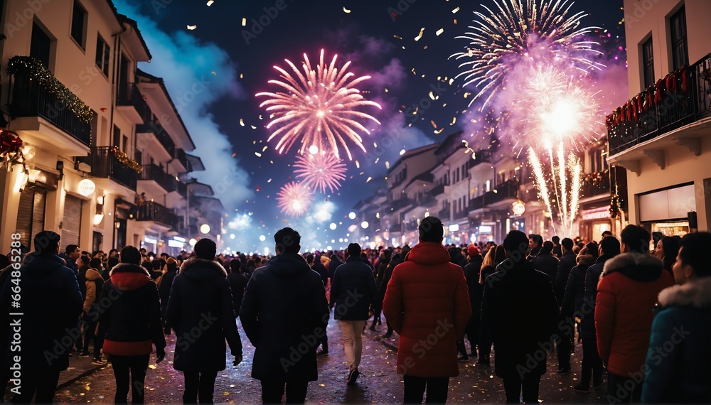 A lively street filled with people celebrating New Year's Eve, with colorful fireworks lighting up the night sky amidst a backdrop of festive decorations, confetti, and cheerful party goers A lively street filled with people celebrating New Year's Eve, with colorful fireworks lighting up the night sky amidst a backdrop of festive decorations, confetti, and cheerful party goers