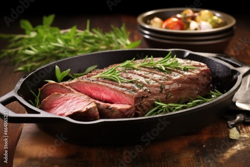 gleaming beef roast in black iron skillet with herbs