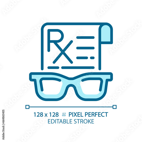 2D pixel perfect editable blue spectacles prescription icon, isolated monochromatic vector, thin line illustration representing eye care.