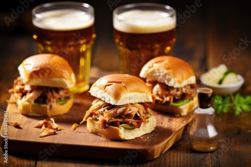 mini bbq pork sandwiches with a glass of pale ale