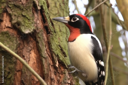 woodpecker tapping on tree bark, producing rhythmic sounds