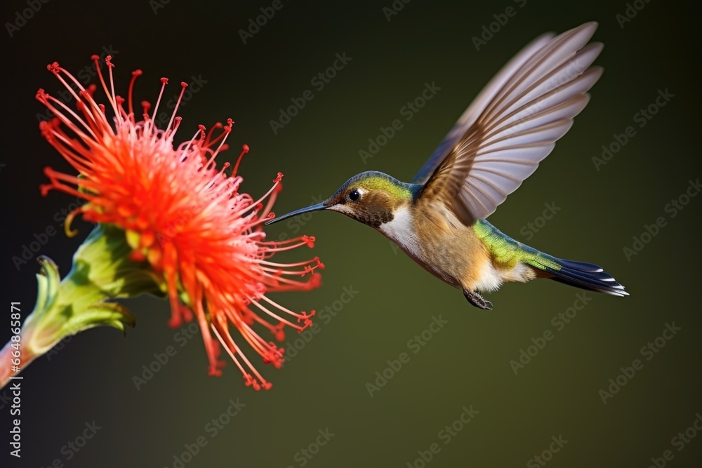 Fototapeta premium hummingbird mid-flight sipping nectar from a flower