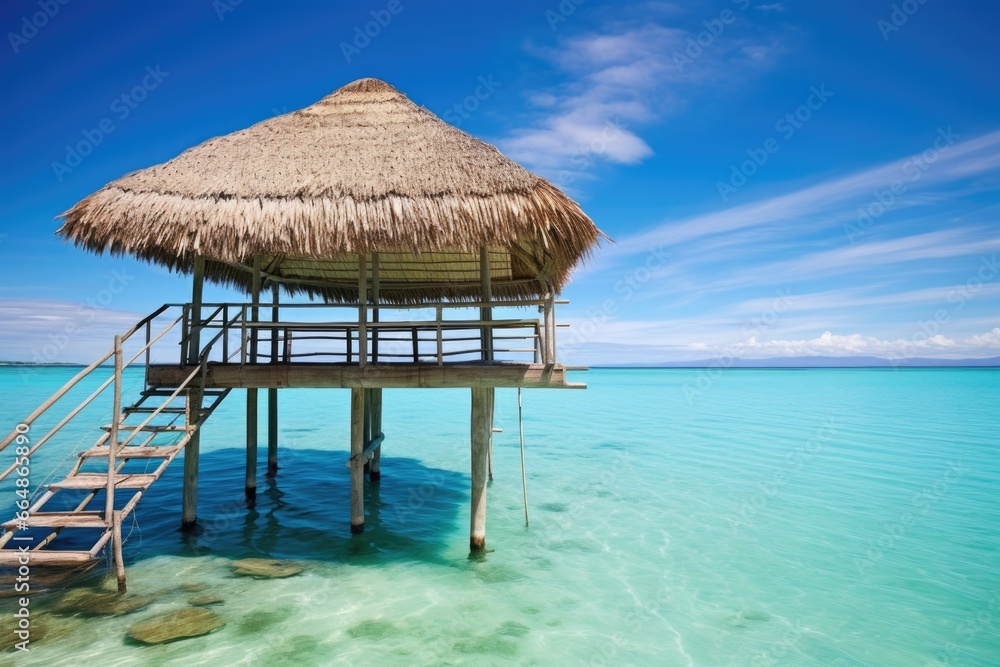 a bamboo hut on stilts above clear turquoise water