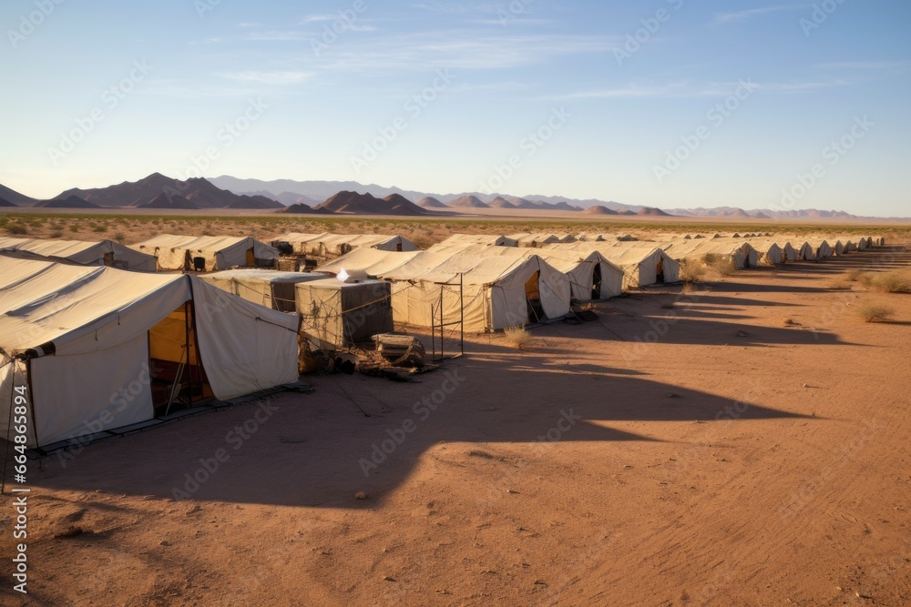 wide shot of multiple safari tents in the desert
