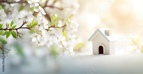 Toy house and cherry flowers, spring abstract natural background. © MdImam