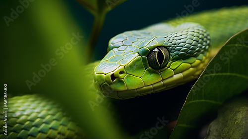 Close-up of a green snake on a green leaf