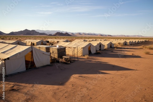 wide shot of multiple safari tents in the desert