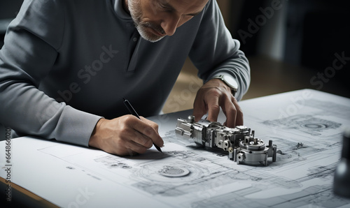 design engineer working at a desk with parts on top of it