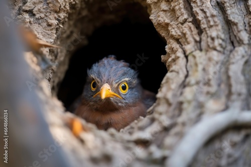 a cuckoo bird emerging from a hole in a tree photo