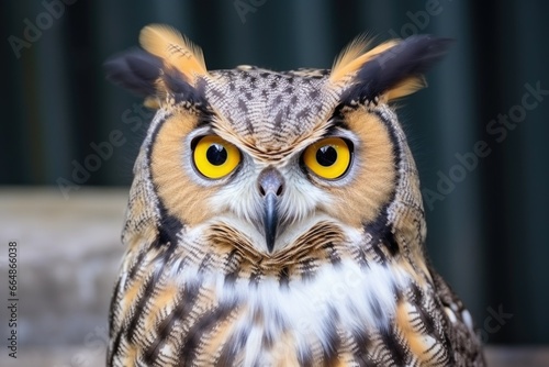 close-up of a perched owl  staring with yellow eyes