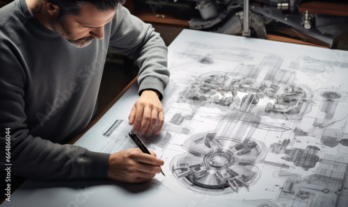 Engineer technician designing drawings mechanical parts engineering Engine.manufacturing factory Industry Industrial work project blueprints measuring bearings caliper tools photo