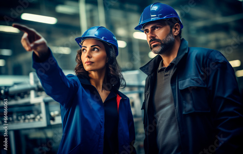 A portrait of an industrial man and woman engineer in a factory, working. photo