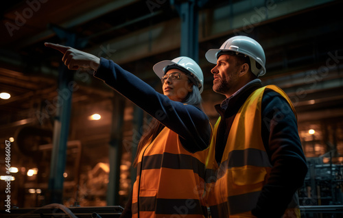 A portrait of an industrial man and woman engineer in a factory, working.