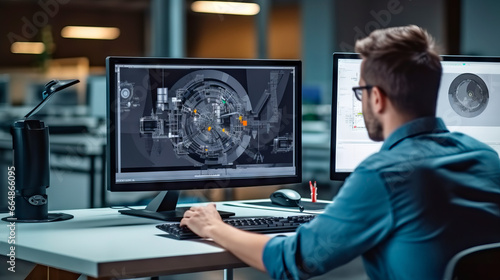 Over the Shoulder Shot of Engineer Working with Software on Desktop Computer, Screen Shows Technical Details and Drawings. In the Background Engineering Facility Specialising on Industrial Design