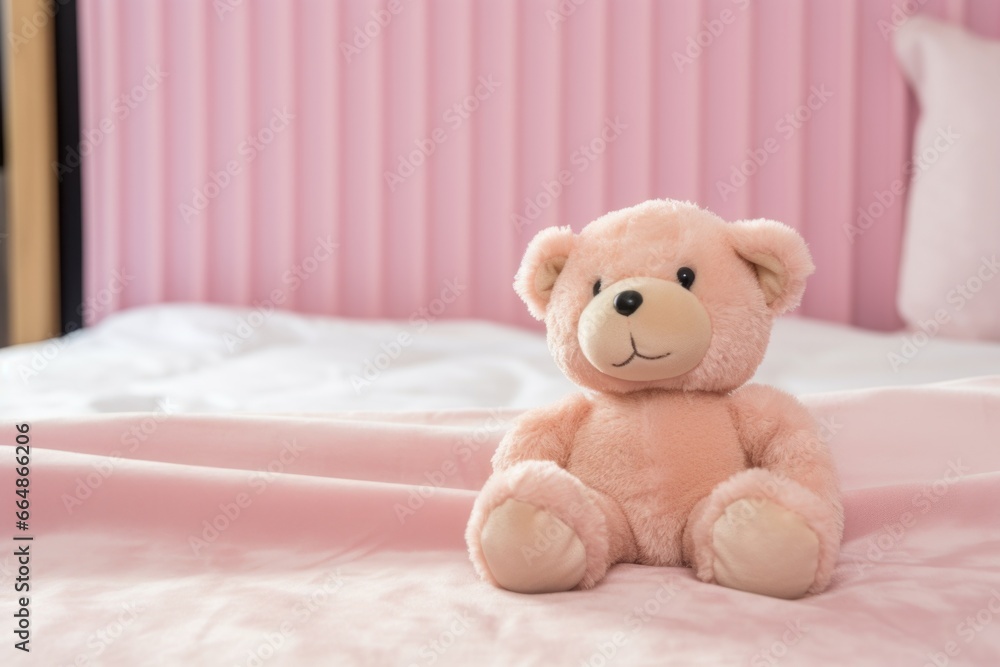 stuffed teddy bear on a pink bedspread