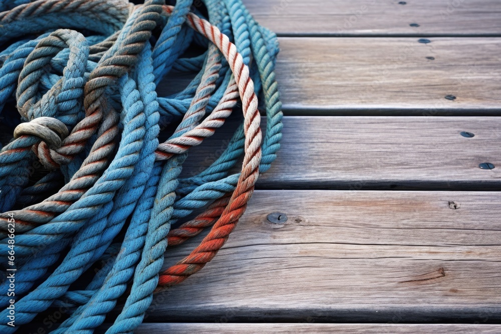 weathered boat ropes coiled on dock planks
