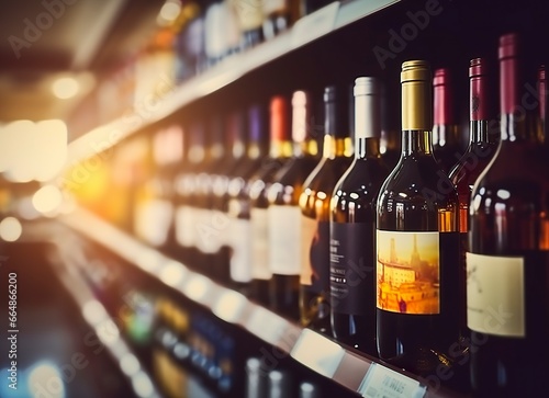 Abstract blur wine bottles on liquor alcohol shelves in supermarket store background. © MdImam