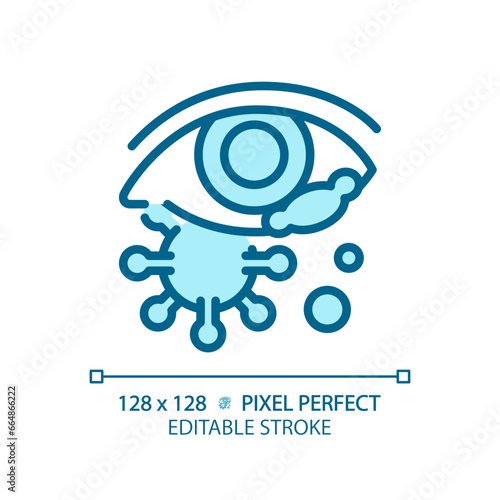 2D pixel perfect editable blue eye infection icon, isolated monochromatic vector, thin line illustration representing eye care.