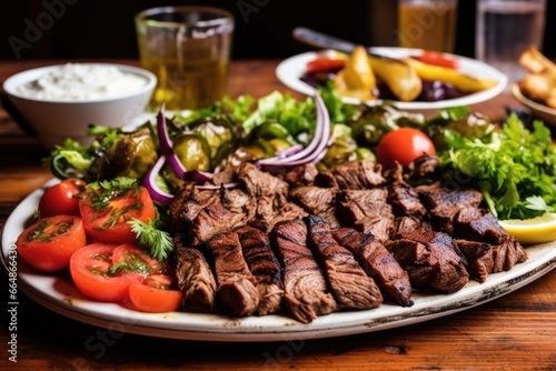 a plate full of grilled churrasco meats and salads