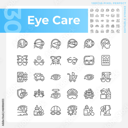 Pixel perfect black icons set representing eye care, editable thin line illustration.