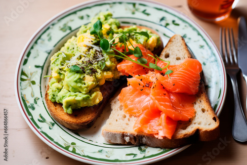 Breakfast plate from above: scrambled eggs and avocado with salmon on a sourdhough toast
