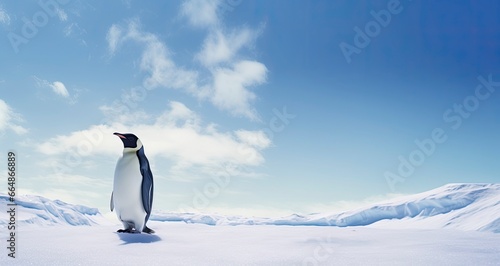 Penguin standing in Antarctica looking into the blue sky.