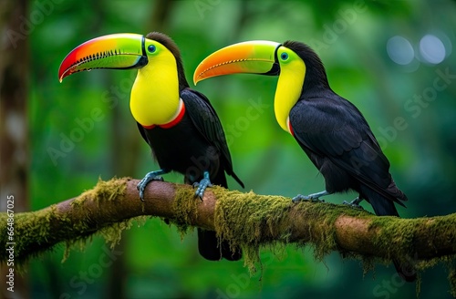 Toucan sitting on the branch in the forest.