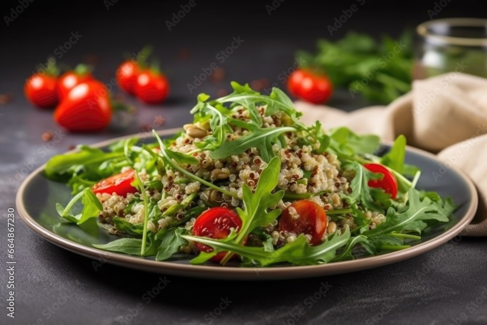 serving quinoa salad with arugula and cherry tomatoes on a plate serving quinoa salad with arugula and cherry tomatoes on a plate