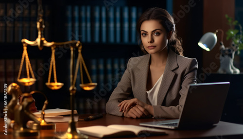 Woman in suit at a desk with a laptop and scales . Created with Generative AI technology