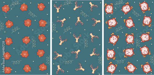 Fototapeta Naklejka Na Ścianę i Meble -  Design Christmas wrapping paper in trendy Retro doodle style. Hand drawing Design xmas poster, banner, card template cover with Hippie y2k reindeer, clock, ball. Celebration Vector illustration.