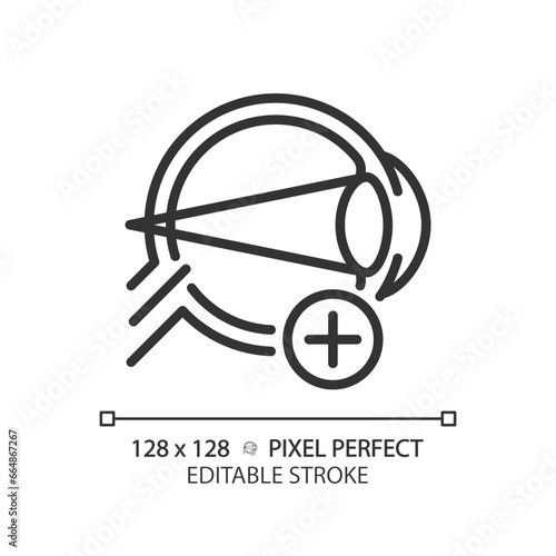 2D pixel perfect editable black hyperopia icon, isolated simple vector, thin line illustration representing eye care.