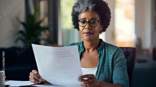 Laptop, documents and finance with a senior woman busy on a budget review or pension fund