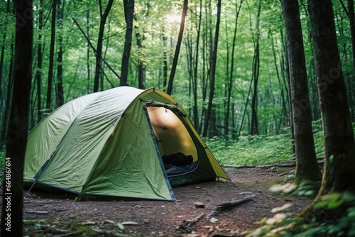 close-up of tent set up among green trees in forest