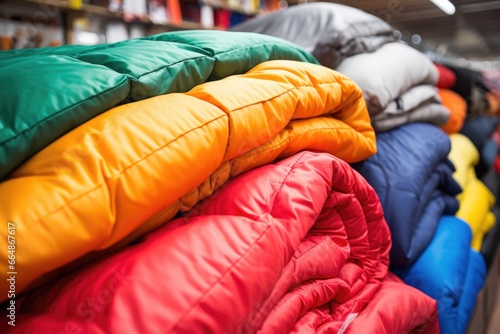 close-up cluster of colorful sleeping bags in a camping store