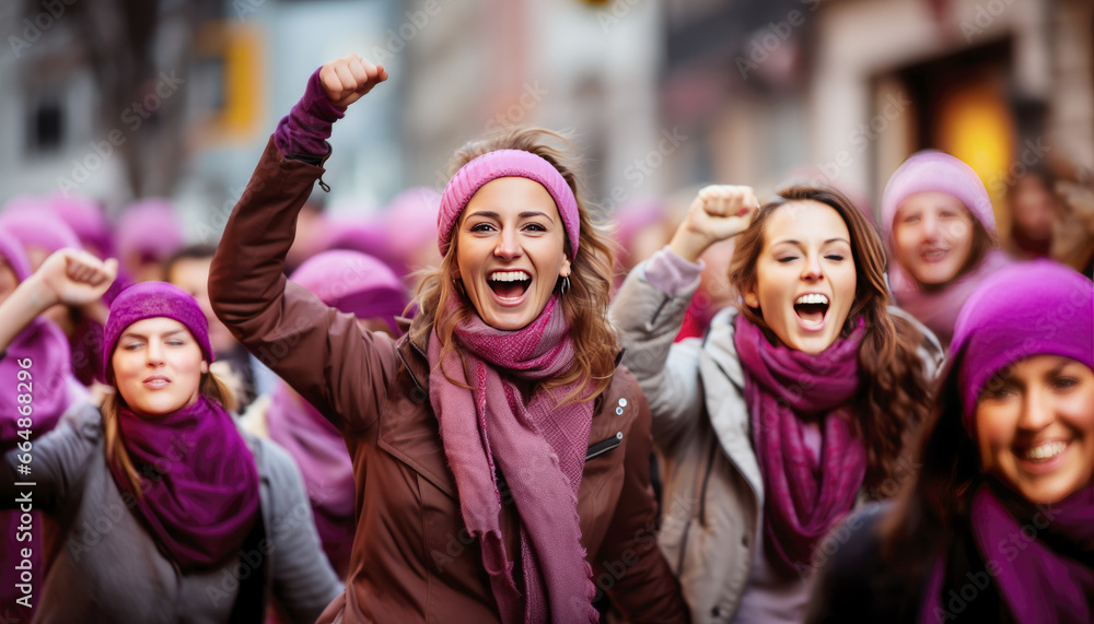 women's day demonstration with purple headscarves and hats and raised fists in the streets of one city women's day demonstration with purple headscarves and hats and raised fists in the streets of one city