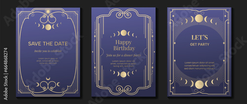 Luxury invitation card background vector. Elegant classic antique design, gold lines, moon on purple background gradient. Premium design illustration for gala card, grand opening, art deco.
