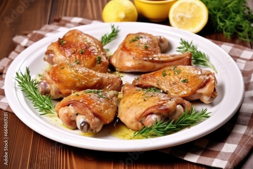 cooked chicken thighs on a white dish with herbs