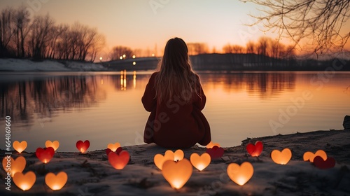 Serenity by the Riverside on Valentine's Day - A Meditating Sad Woman, Heart Candles, and Reflection in the Calm Evening
