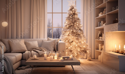 Scandinavian interior living room  Christmas tree glows with New Year s lights