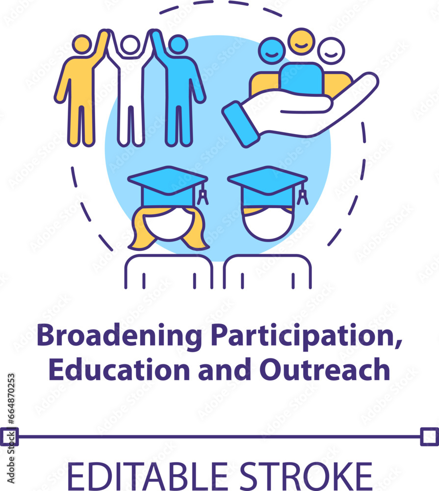 2D editable thin line icon broadening participation, education and outreach concept, isolated vector, multicolor illustration representing arena. 2D editable thin line icon broadening participation, education and outreach concept, isolated vector, multicolor illustration representing arena.