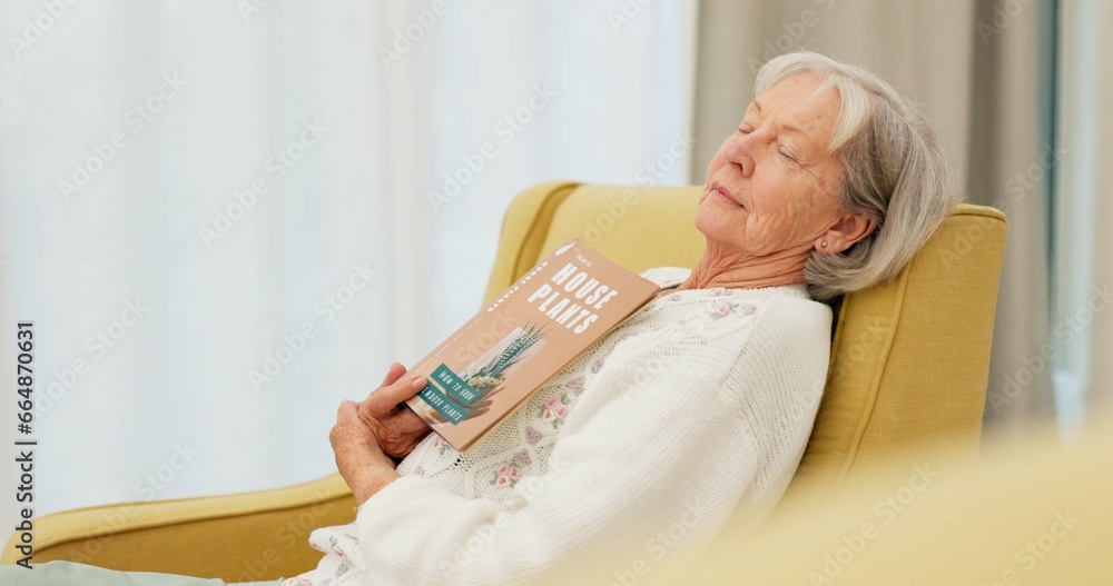 Φωτογραφία Relax, book and senior woman sleeping in the living room of her modern house on a weekend