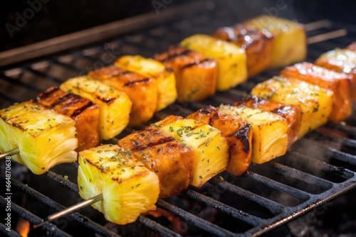 close-up of grilling pineapple skewers on churrasco