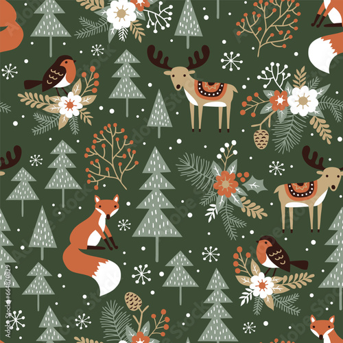 Seamless vector pattern with cute woodland animals, snowy pine trees, berries, flowers and snowflakes. Hand drawn winter landscape illustration. Perfect for textile, wallpaper or print design.