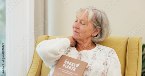Senior, woman and neck pain on a sofa with arthritis, discomfort and fibromyalgia in her home. Shoulder, stress and elderly female in a living room with muscle crisis, inflammation or posture fail